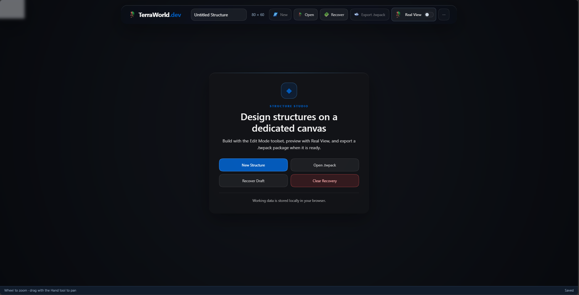 Structure Studio welcome screen with New Structure and Open twpack actions