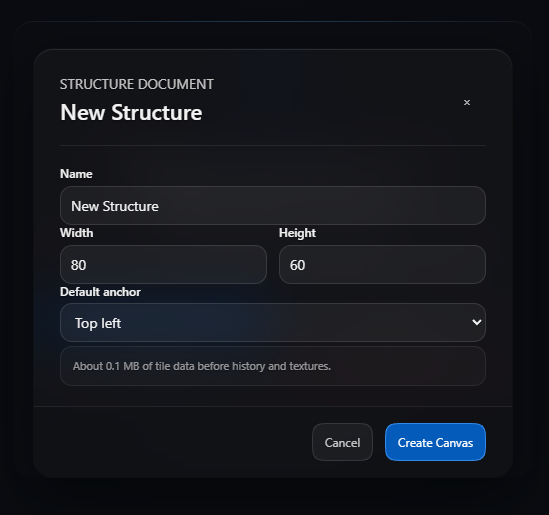 New Structure dialog with name width height and default anchor