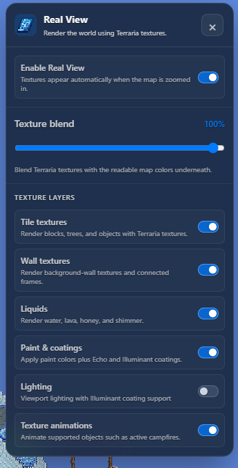 Bảng cài đặt texture, chất lỏng, sơn, ánh sáng và animation của Real View