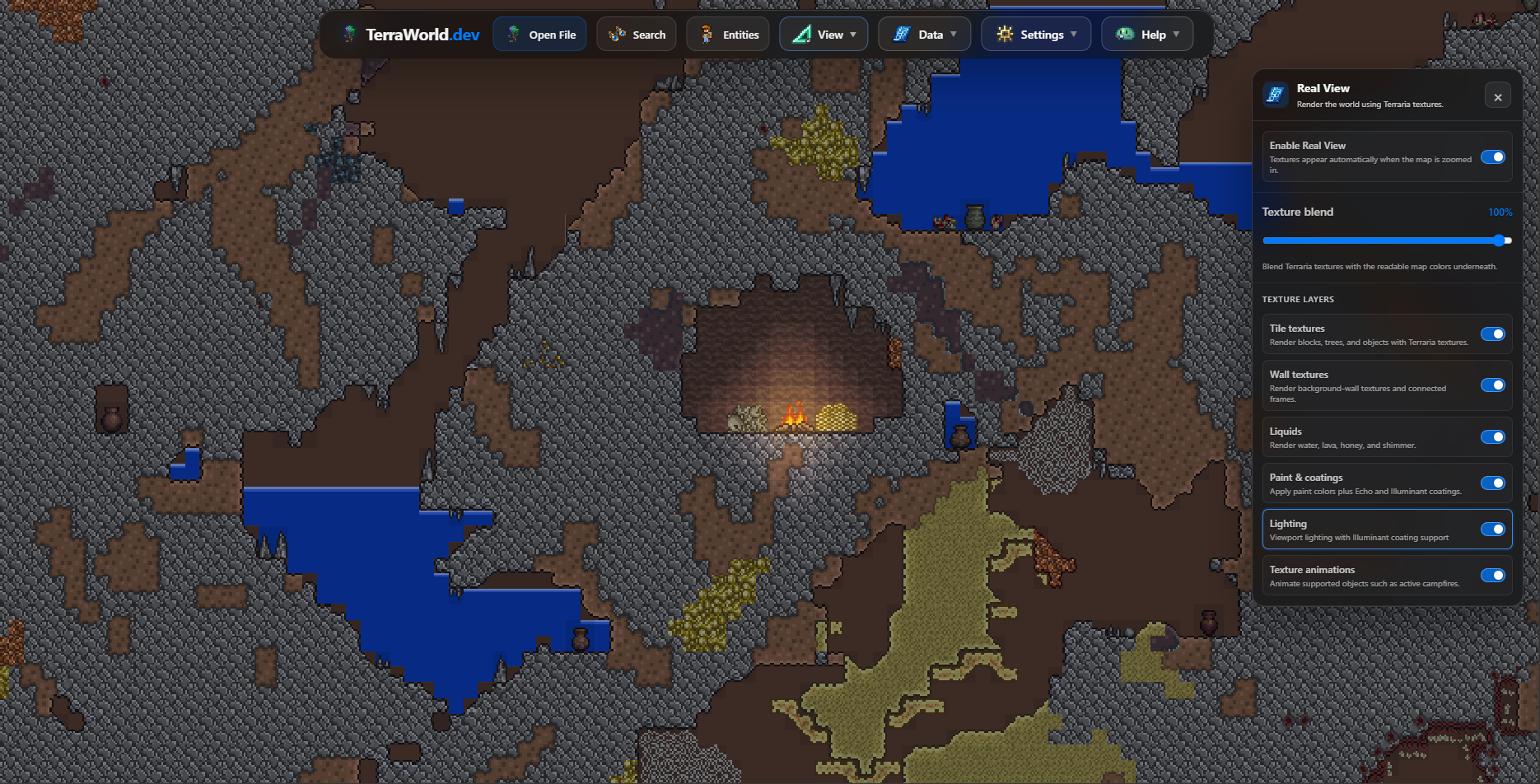Hang động Terraria trong Real View khi bật ánh sáng
