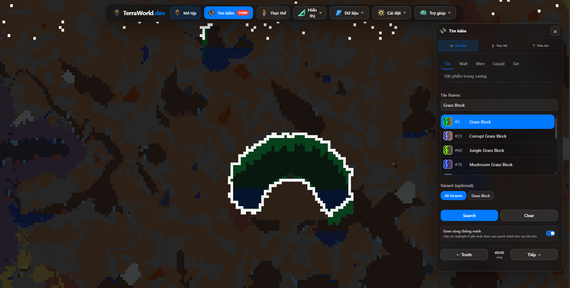 Tìm tile và highlight các block phù hợp trong world Terraria