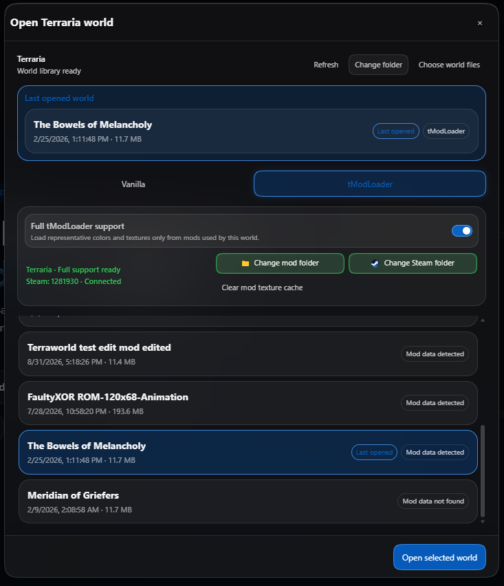 Full tModLoader support enabled with local mod and Steam Workshop sources connected
