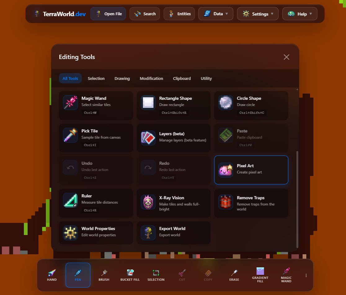 Pixel art utility entry in TerraWorld Edit Mode