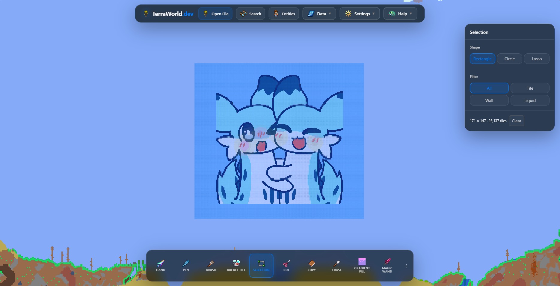 Công trình pixel art Terraria được chọn bằng công cụ Selection hình chữ nhật