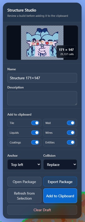 Preview, các switch dữ liệu, tùy chọn đặt và thao tác export trong Structure Studio